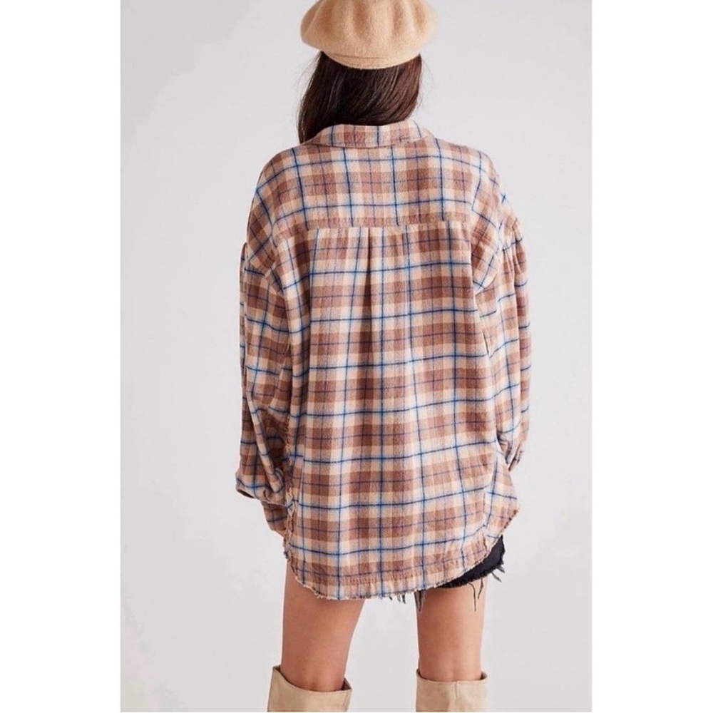 Free People We The Free Happy Hour Oversized Flannel Shirt Tan Blue - Picture 2 of 6
